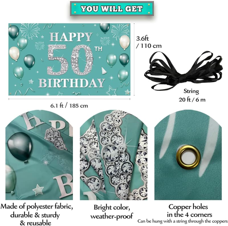 Teal Silver 50th Birthday Backdrop Banner for Women