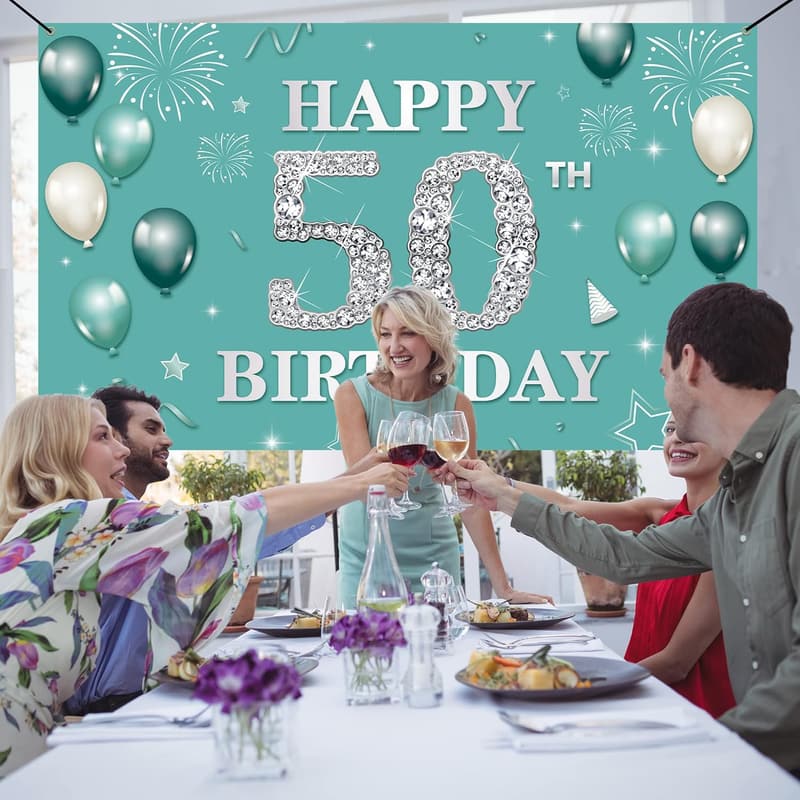 Teal Silver 50th Birthday Backdrop Banner for Women