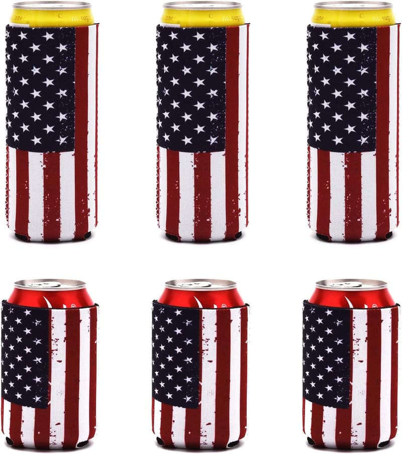 USA Flag Neoprene Beer Can Coolers - 6 Pack for Parties