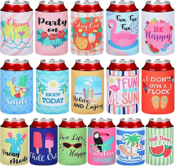 Summer Party Neoprene Beer Can Cooler Sleeves - 16 Pcs