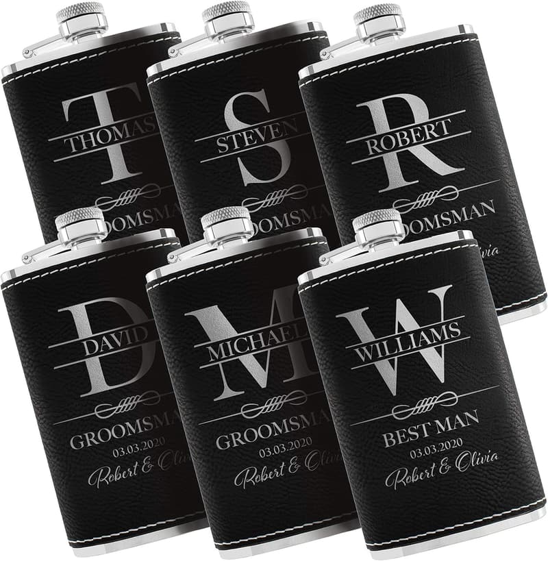 Groomsmen Proposal Set - Engraved Leatherette Flasks for Men