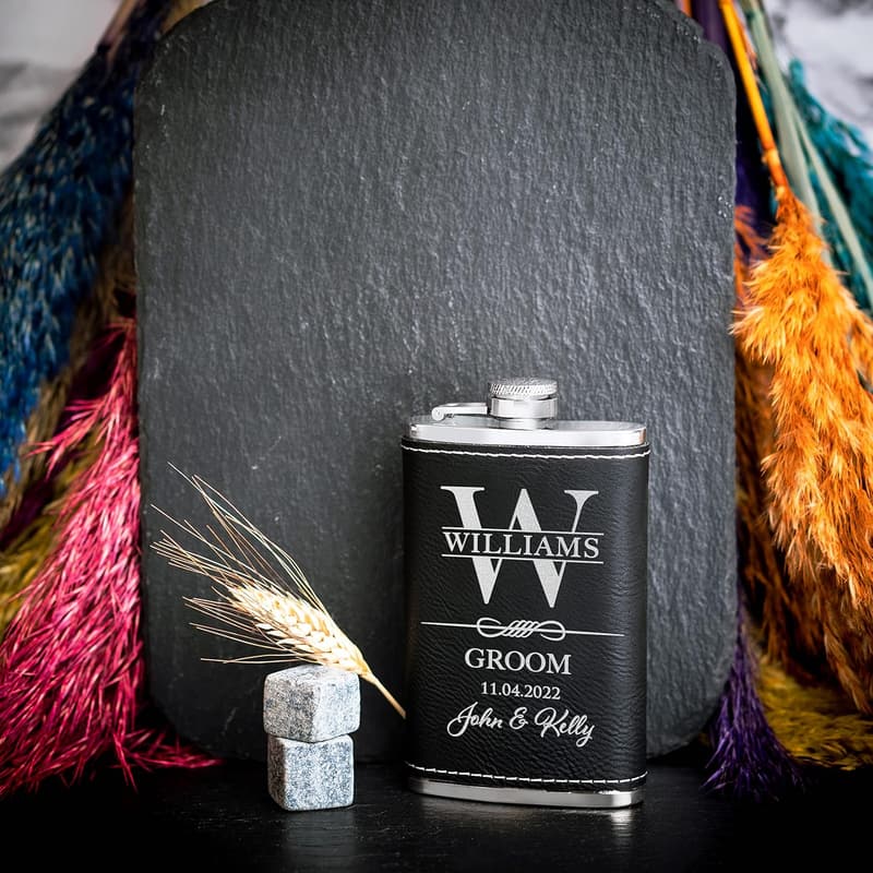Groomsmen Proposal Set - Engraved Leatherette Flasks for Men