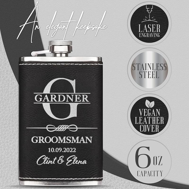 Groomsmen Proposal Set - Engraved Leatherette Flasks for Men