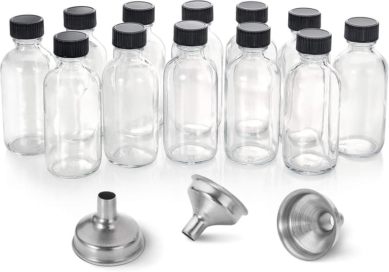 12 Pack 2 oz Clear Glass Boston Bottles with Lids & Funnels