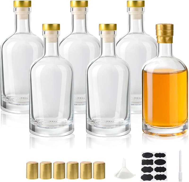 12 oz Clear Glass Liquor Bottles - 6 Pack with T-Top Caps
