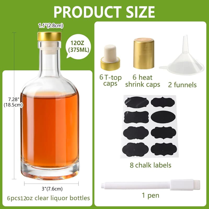 12 oz Clear Glass Liquor Bottles - 6 Pack with T-Top Caps