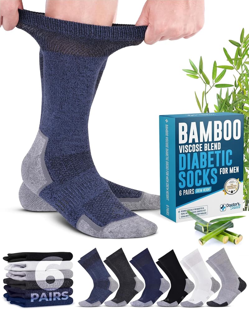 Bamboo Viscose Diabetic Socks for Men - 6 Pairs Crew