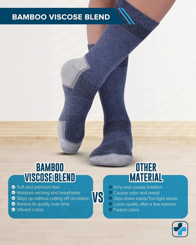 Bamboo Viscose Diabetic Socks for Men - 6 Pairs Crew