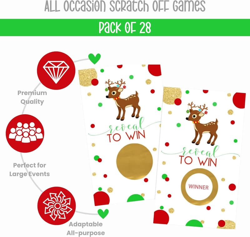 Reindeer Scratch-Off Game Tickets for Holiday Parties, 28 Pack