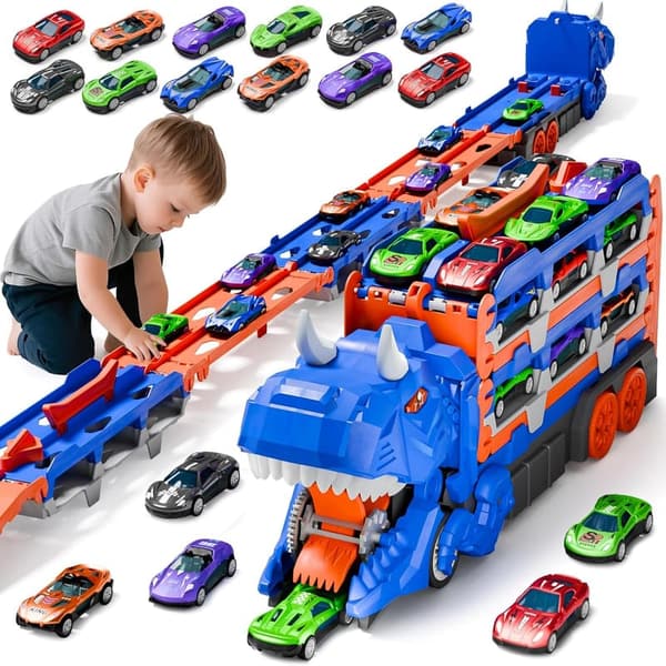 Dinosaur Transport Truck Playset with 12 Die-Cast Cars for Toddlers