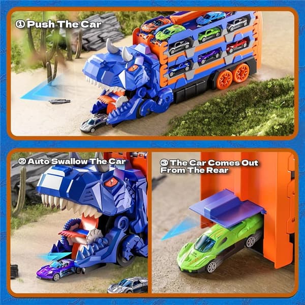 Dinosaur Transport Truck Playset with 12 Die-Cast Cars for Toddlers