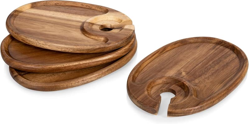 Acacia Wood Wine Appetizer Plates Set of 4 with Glass Holder