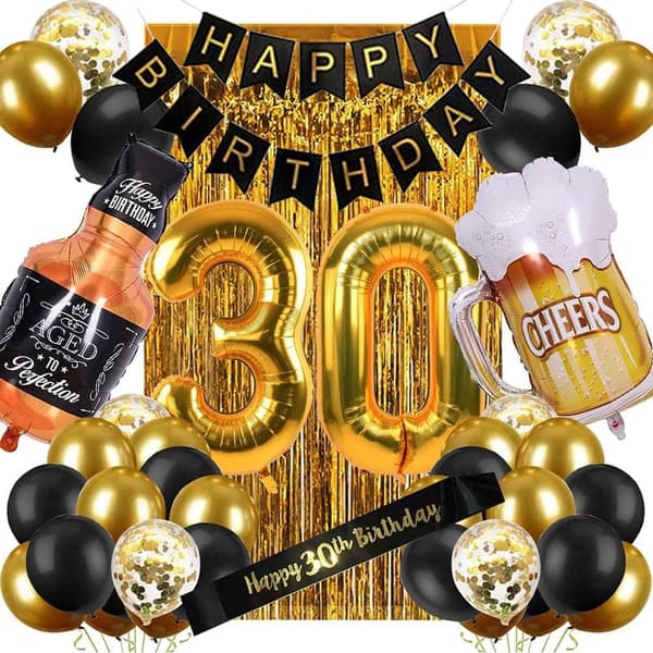30th Birthday Decorations, Black and Gold Party Supplies