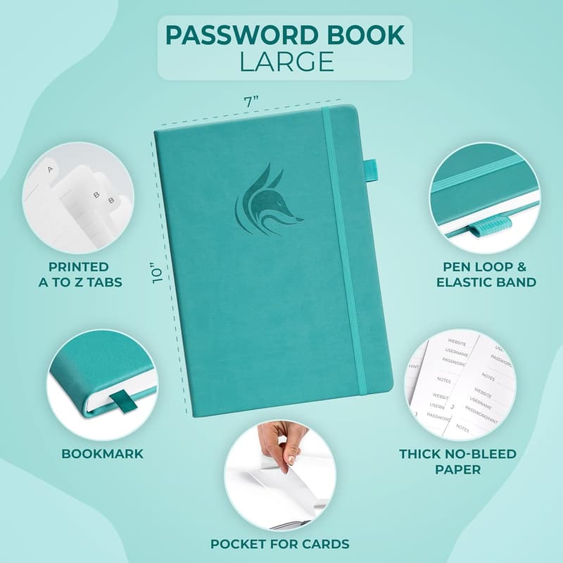 Turquoise Password Organizer Book with Alphabetical Tabs