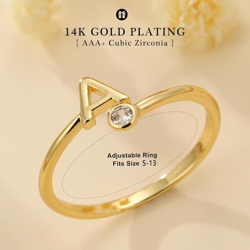 Dainty 14K Gold Plated Adjustable Letter Rings for Women