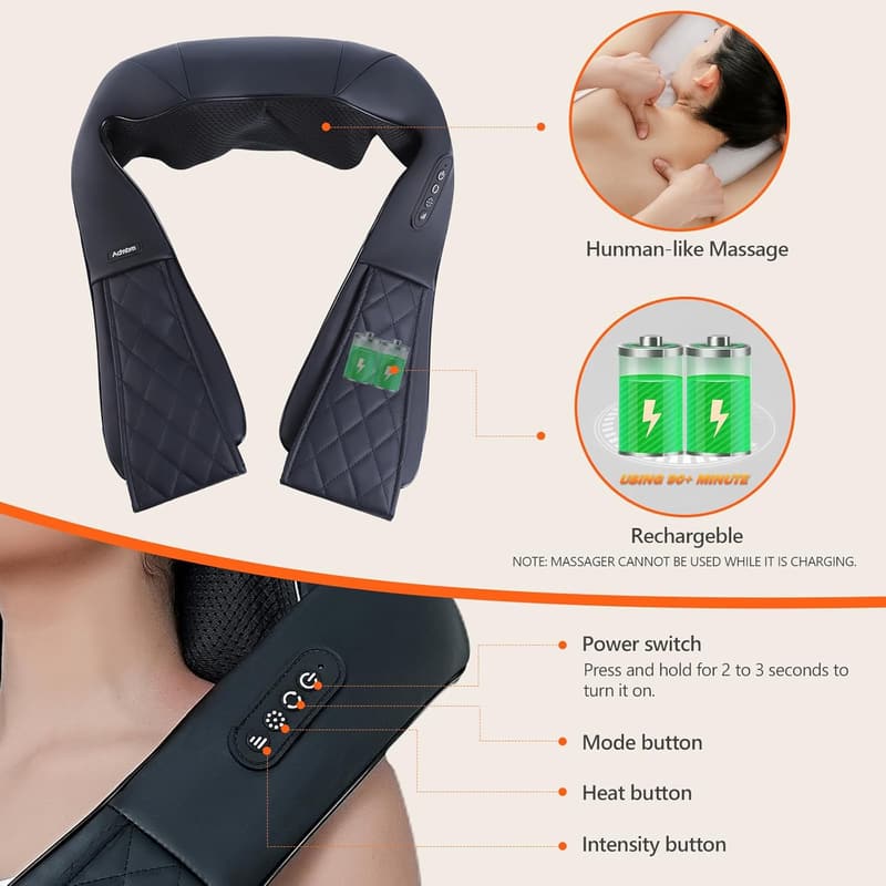 Cordless Rechargeable Shiatsu Neck Massager with Heat