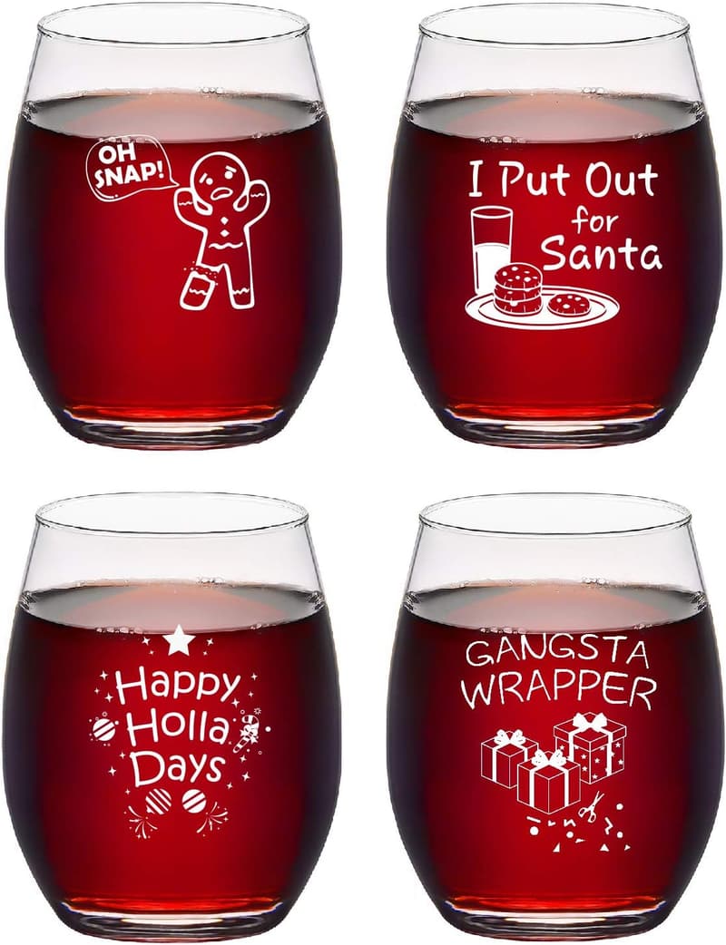 Funny Christmas Wine Glasses Set - 15oz Stemless (Set of 4)