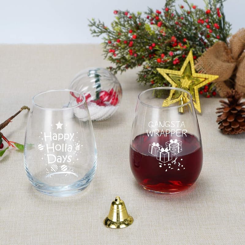 Funny Christmas Wine Glasses Set - 15oz Stemless (Set of 4)