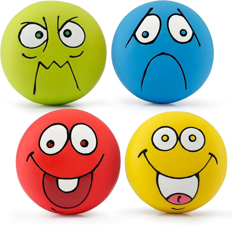 Smiley Face Squeaky Dog Balls - 4 Pack, Soft Latex Toys