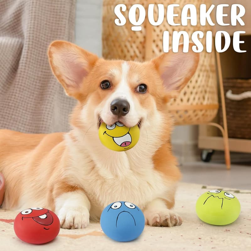 Smiley Face Squeaky Dog Balls - 4 Pack, Soft Latex Toys