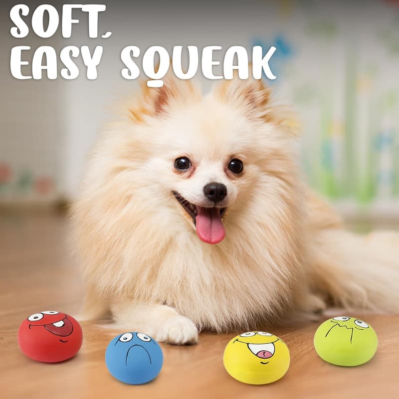 Smiley Face Squeaky Dog Balls - 4 Pack, Soft Latex Toys