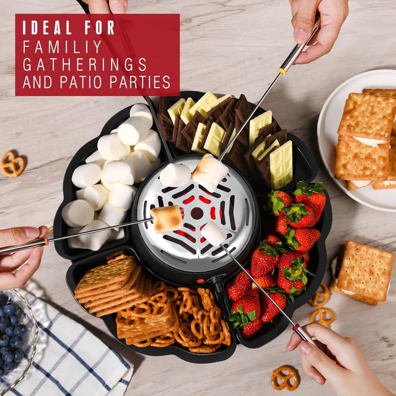 Indoor S'mores Maker & Fondue Pot with Trays and Roasting Forks