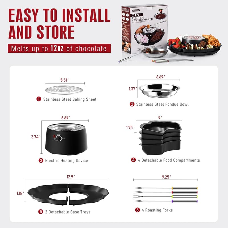 Indoor S'mores Maker & Fondue Pot with Trays and Roasting Forks