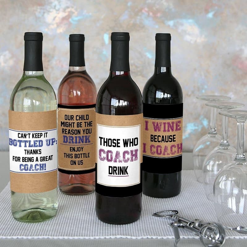 Coach Appreciation Gift Wine Bottle Label Stickers - Set of 4