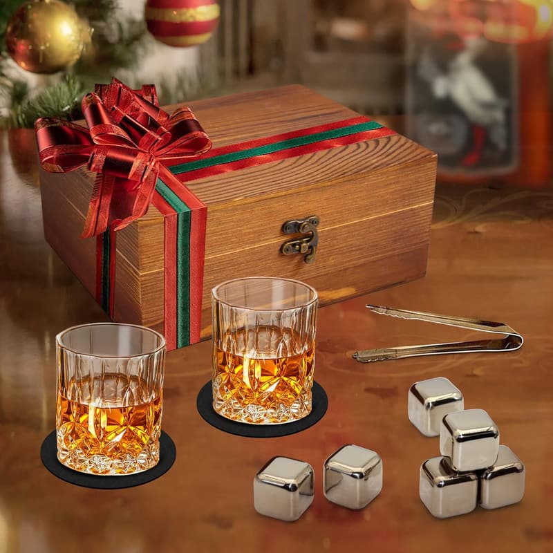 Whiskey Gift Set for Men: 6 Stainless Steel Stones & 2 Glasses