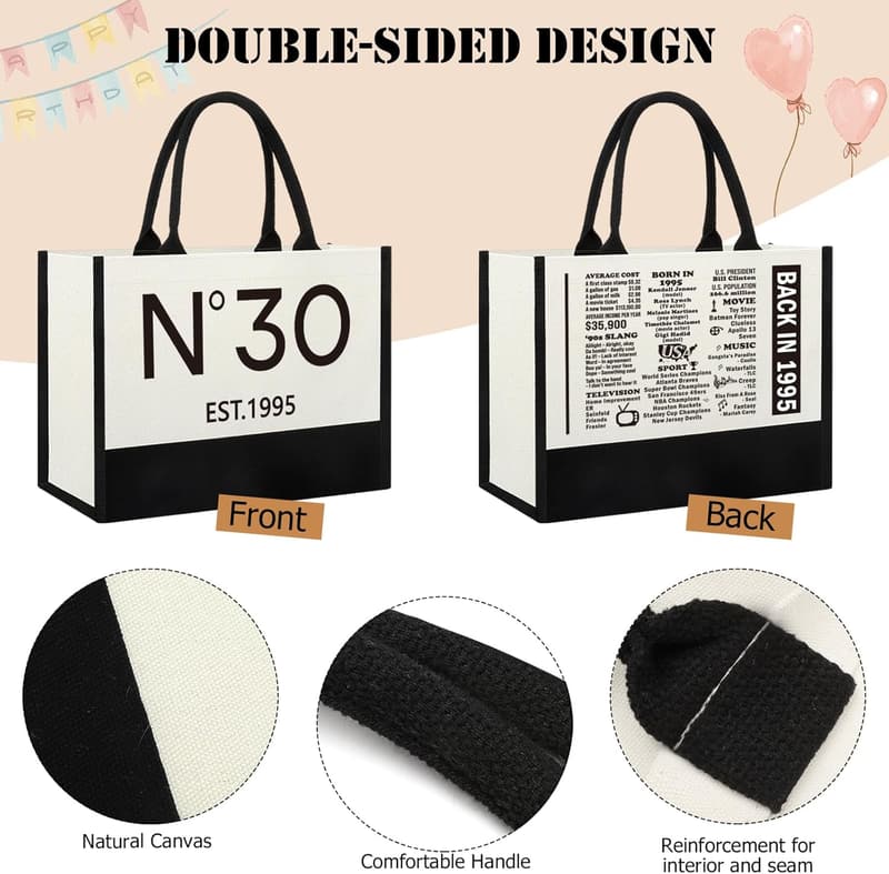 30th Birthday Tote Bag for Women - Vintage 1995 Canvas