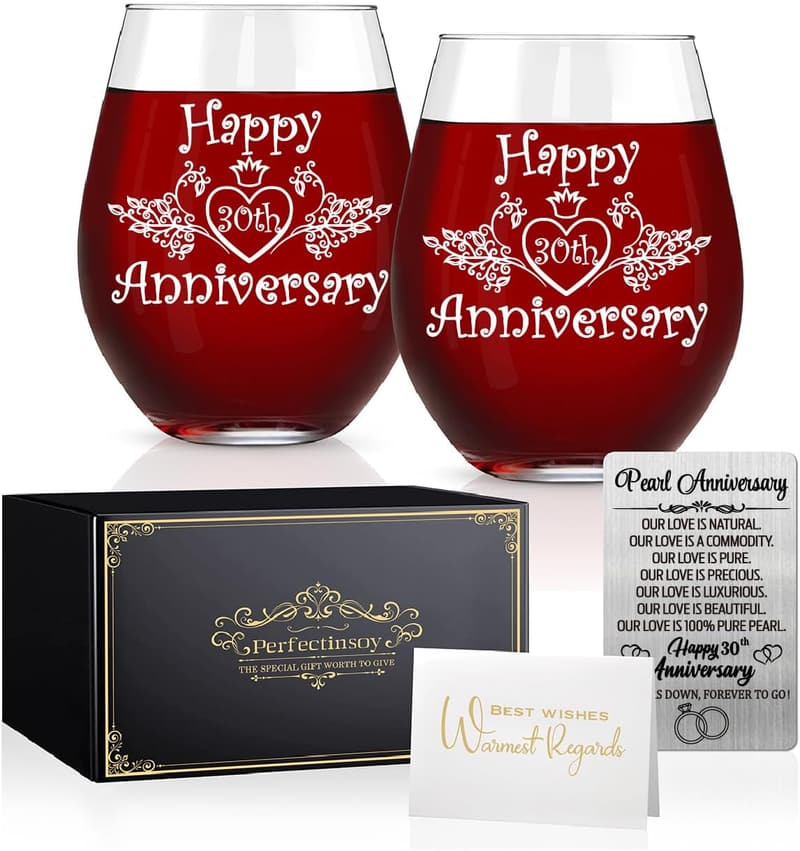 30th Anniversary Wine Glass Set with Metallic Card for Couples