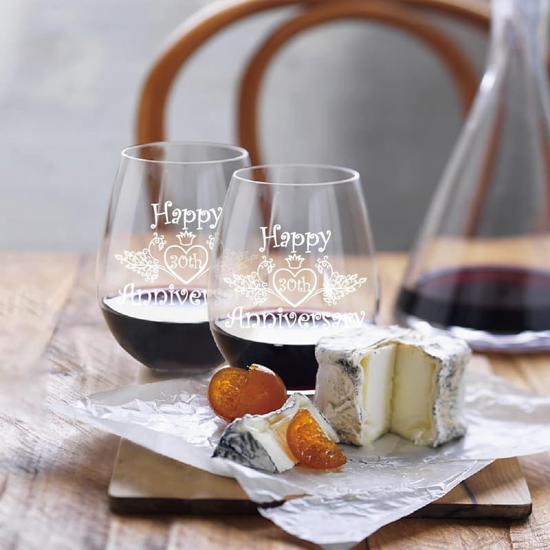 30th Anniversary Wine Glass Set with Metallic Card for Couples