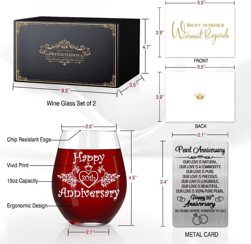 30th Anniversary Wine Glass Set with Metallic Card for Couples