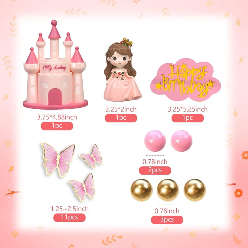 Pink Princess Cake Topper Set for Girls' Birthday Party Decorations