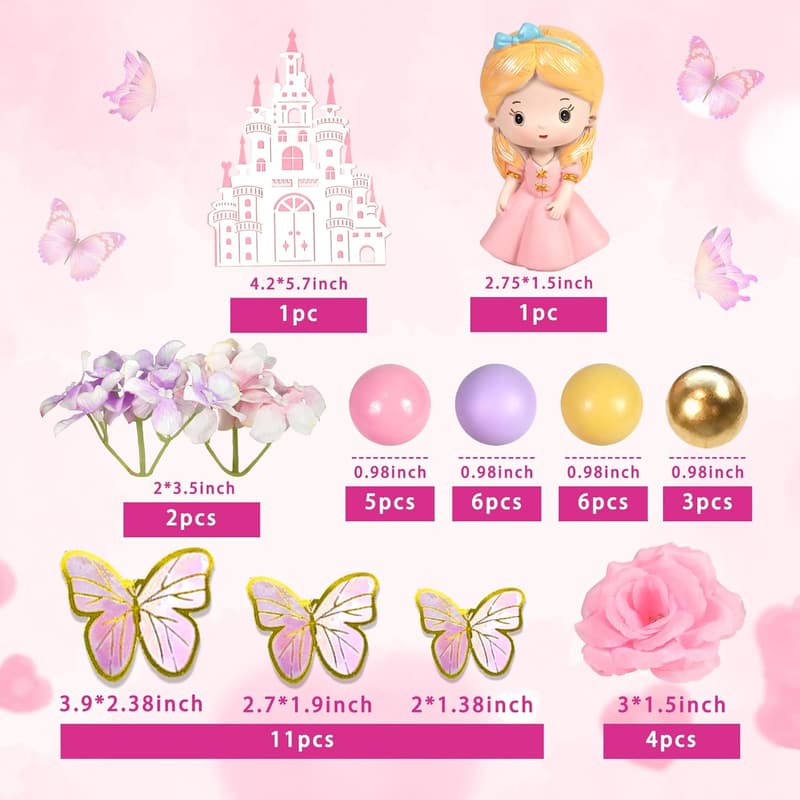 Princess Birthday Cake Topper Set with Flowers and Butterflies