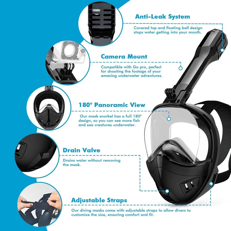 Full Face Snorkel Mask with Dry Top & Camera Mount