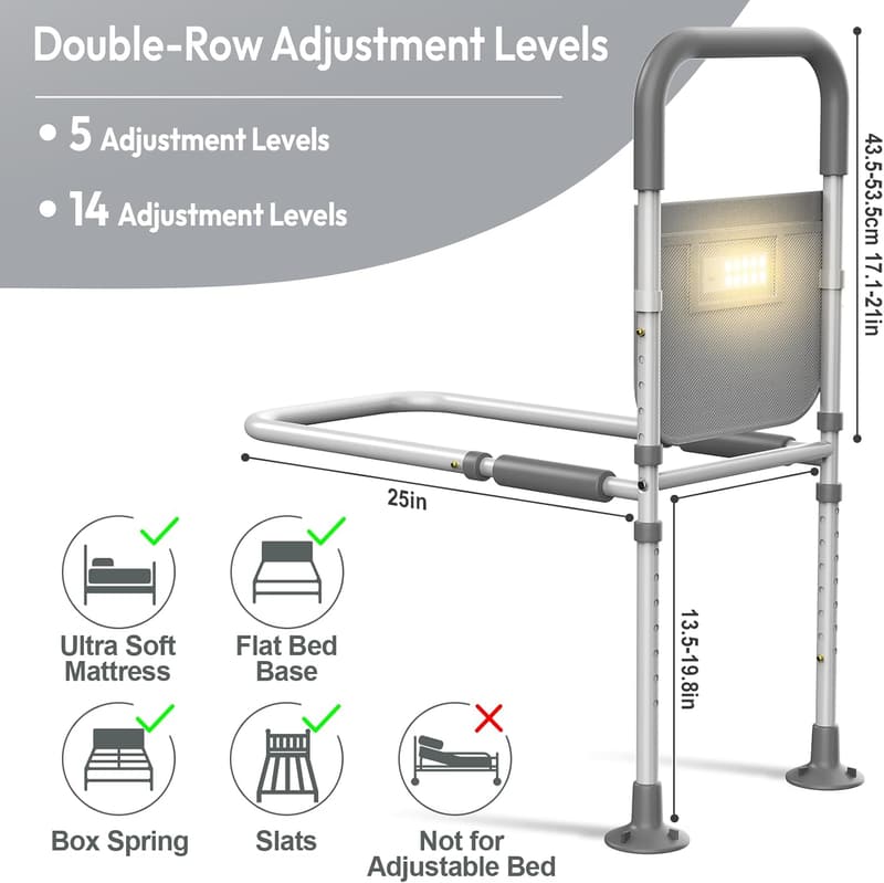 Adjustable Bed Rails for Seniors with Motion Sensor Light