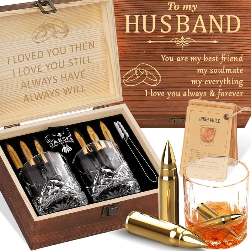 Anniversary Whiskey Stones & Glasses Set for Him, Engraved Stainless Steel