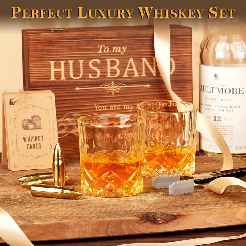 Anniversary Whiskey Stones & Glasses Set for Him, Engraved Stainless Steel