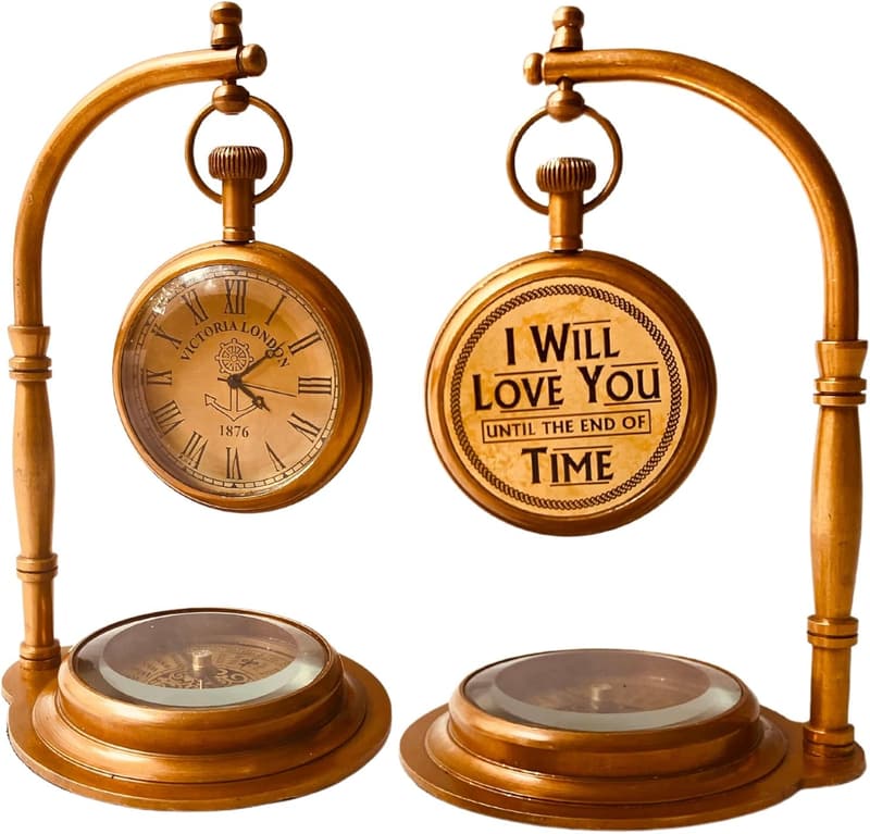 Romantic Brass Table Clock with Compass - Vintage Gift for Him