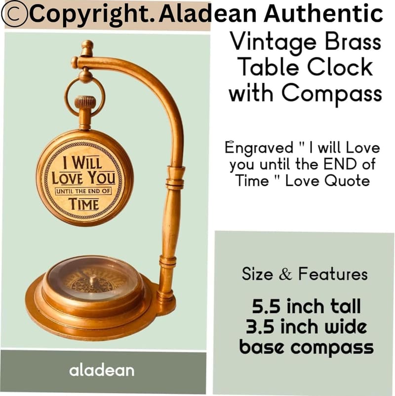 Romantic Brass Table Clock with Compass - Vintage Gift for Him
