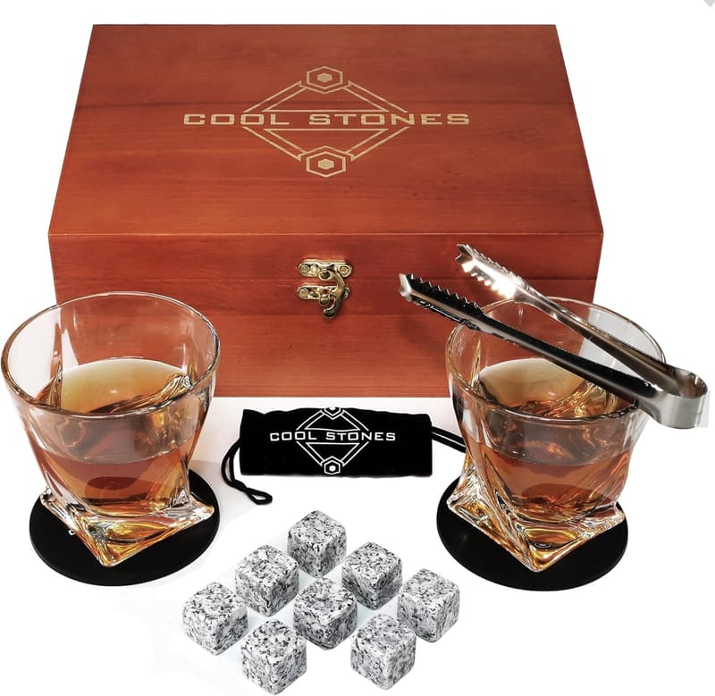 Whiskey Glass Gift Set - 2 Glasses, Stones & Tongs in Wooden Box for Men