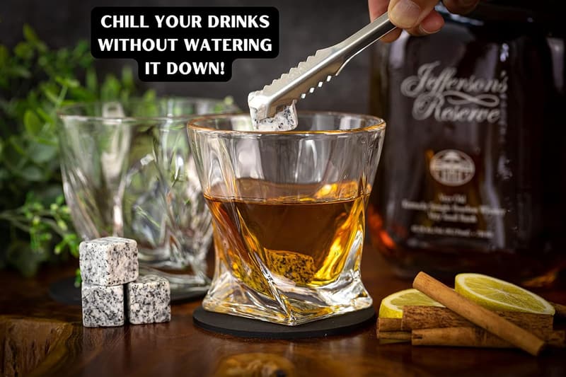 Whiskey Glass Gift Set - 2 Glasses, Stones & Tongs in Wooden Box for Men
