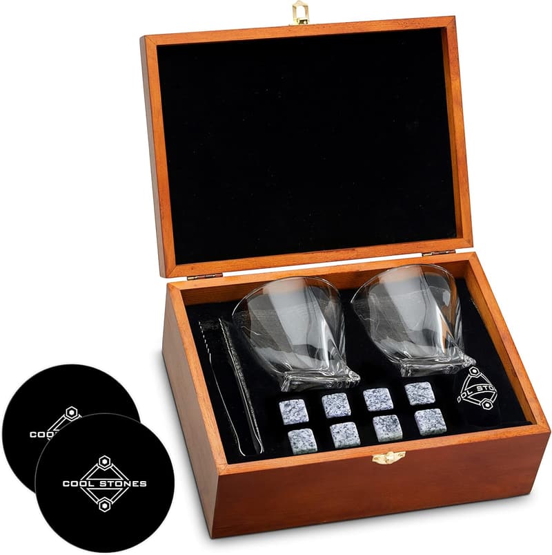 Whiskey Glass Gift Set - 2 Glasses, Stones & Tongs in Wooden Box for Men