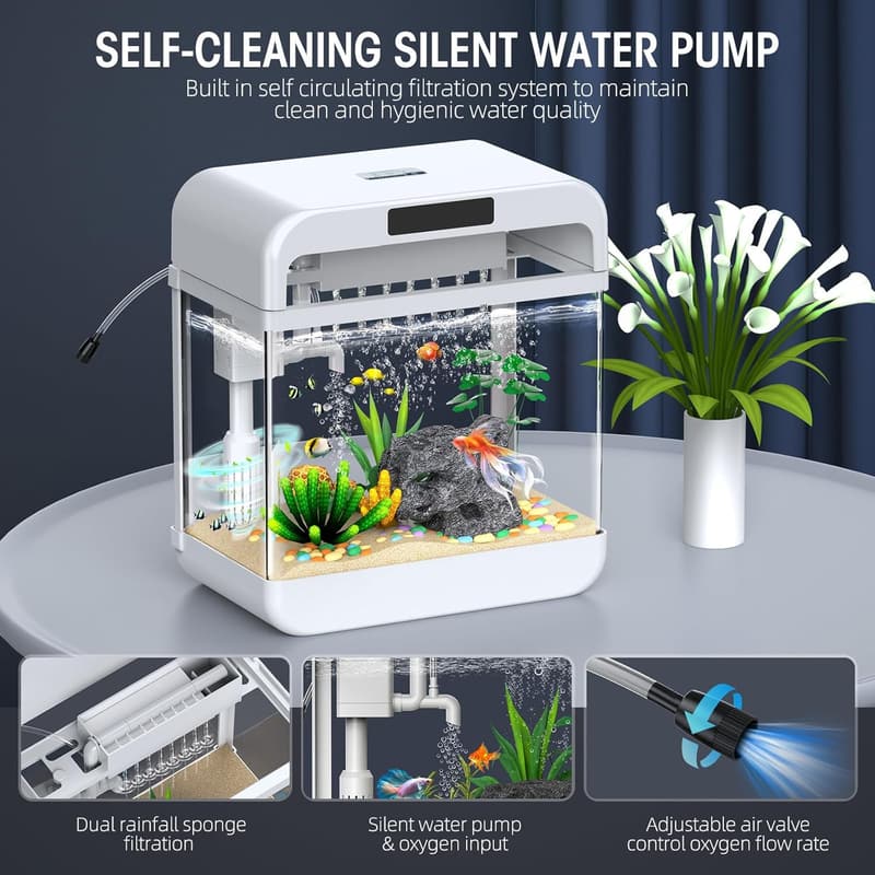 2.2 Gallon Fish Bowl with Adjustable Lighting & Silent Pump