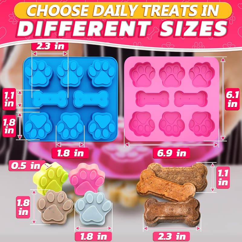 Silicone Dog Treat Molds Set – Bone & Paw Shapes, Easy Release, Blue & Pink