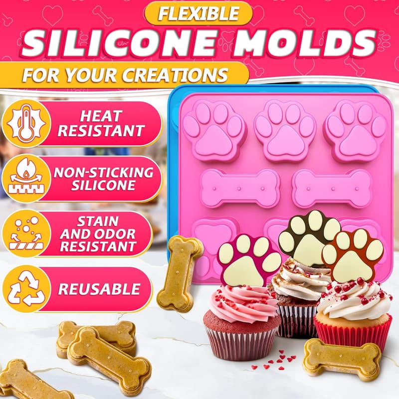 Silicone Dog Treat Molds Set – Bone & Paw Shapes, Easy Release, Blue & Pink