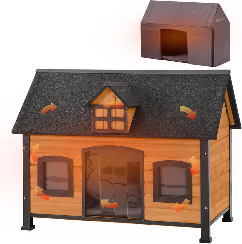 Insulated Wooden Dog House with Metal Frame for Indoor/Outdoor