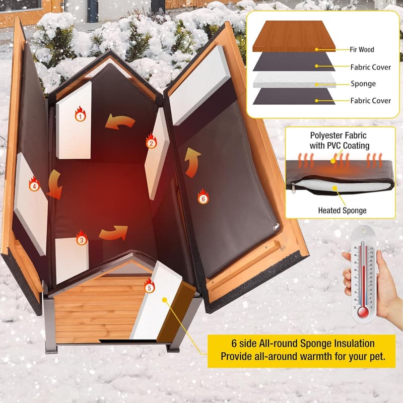 Insulated Wooden Dog House with Metal Frame for Indoor/Outdoor