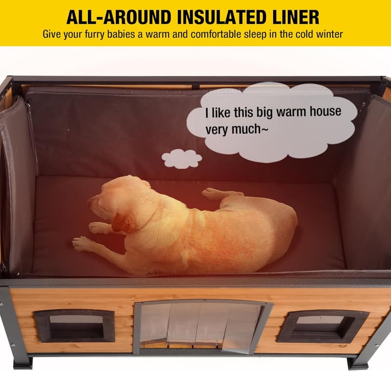Insulated Wooden Dog House with Metal Frame for Indoor/Outdoor
